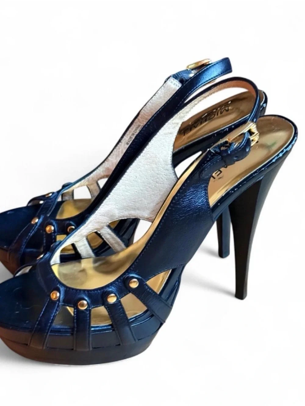 Michael Kors Black Leather Platform Slingback Heels Gold Studs Size 8.5